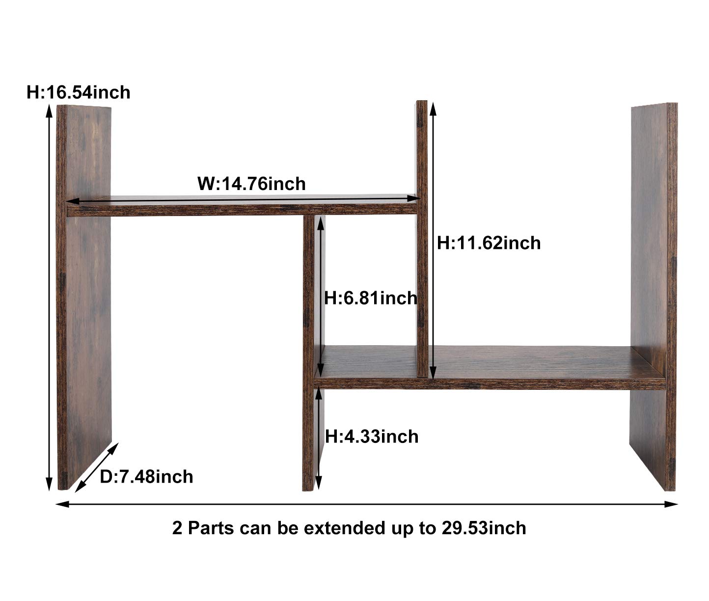 PAG Adjustable Desktop Shelf Wood Small Bookshelf Desk Supplies Organizers and Accessories Storage Display Rack Office Decor, Antique Brown