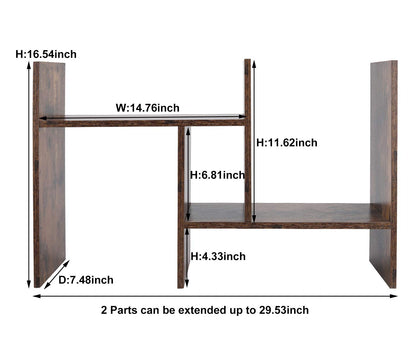 PAG Adjustable Desktop Shelf Wood Small Bookshelf Desk Supplies Organizers and Accessories Storage Display Rack Office Decor, Antique Brown