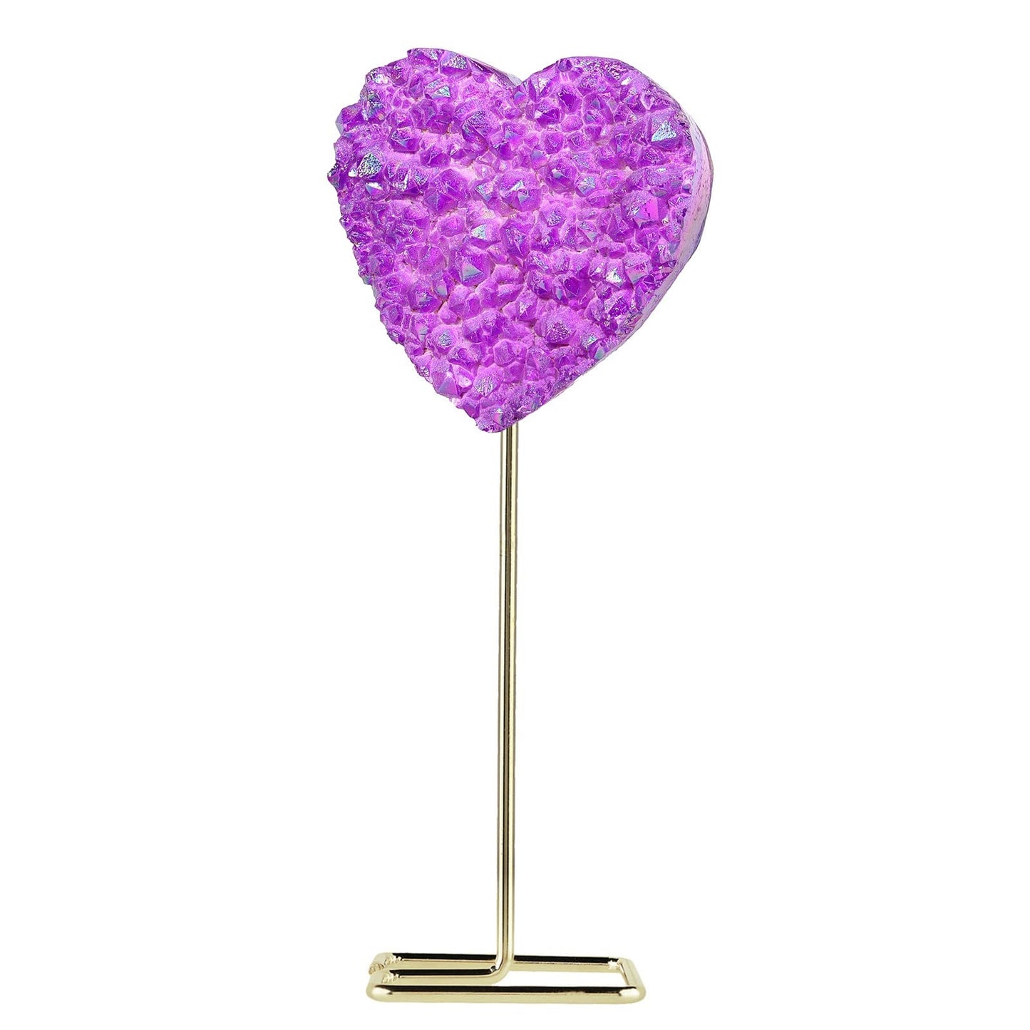 Amogeeli Heart Shaped Titanium Coated Rock Crystal Cluster with Stainless Steel Metal Stand, Love Heart Crystal Stone Specimen Decoration for Home & Office, Purple