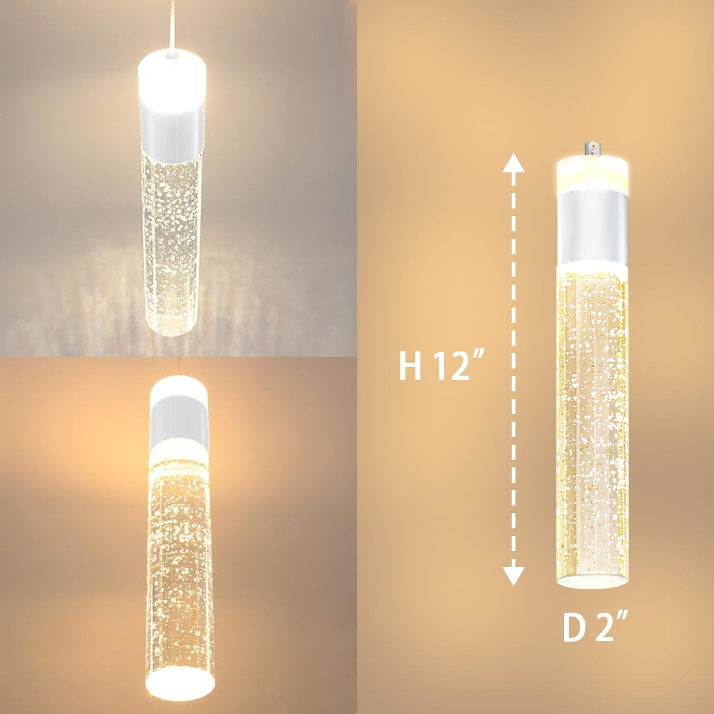 IDEQUY Modern LED Chrome Crystal Pendant Light Kitchen Island, Bedroom Bedside Hanging Ceiling Lamp with Crystal Bubble Column, Dimmable 3000k-6000k 1-Light Independent
