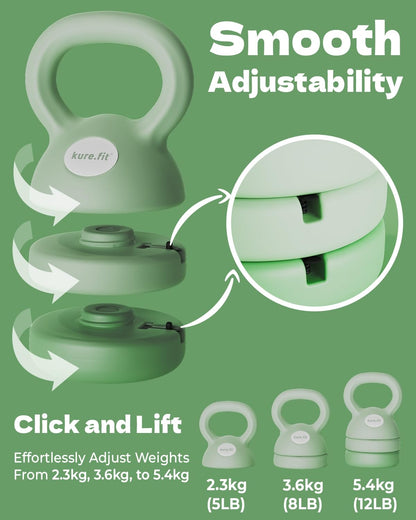 kure.fit Adjustable Kettlebell | 5 lb - 12 lb | Kettlebell Weights Set for Home Gym | Full-Body Workouts, Strength Training, Weight Loss | Fabric Booty Band | Beginners & Women | Sage Green