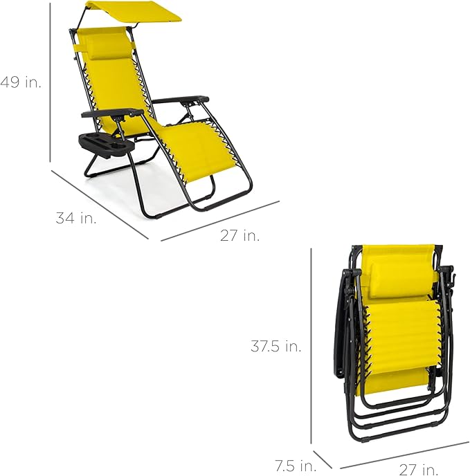 Best Choice Products Folding Zero Gravity Outdoor Recliner Patio Lounge Chair w/Adjustable Canopy Shade, Headrest, Side Accessory Tray, Textilene Mesh - Sunflower Yellow