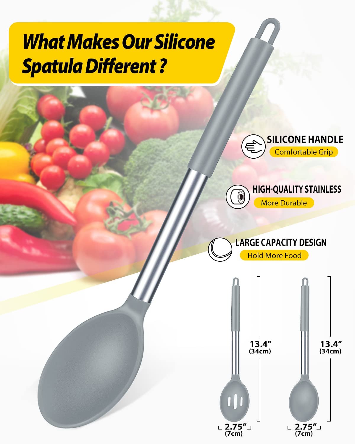 Pack of 2 Large Silicone Cooking Spoons,Non Stick Solid Basting Spoon,Heat-Resistant Kitchen Utensils for Mixing,Serving,Draining,Stirring (GREY)