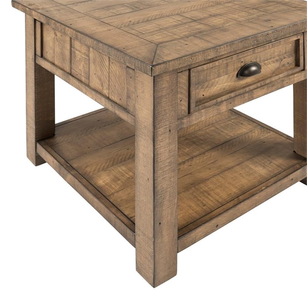 Monterey Farmhouse Rustic End Table, Solid Pine Wood Coastal Side Table with Drawer and Shelf. Reclaimed Natural.