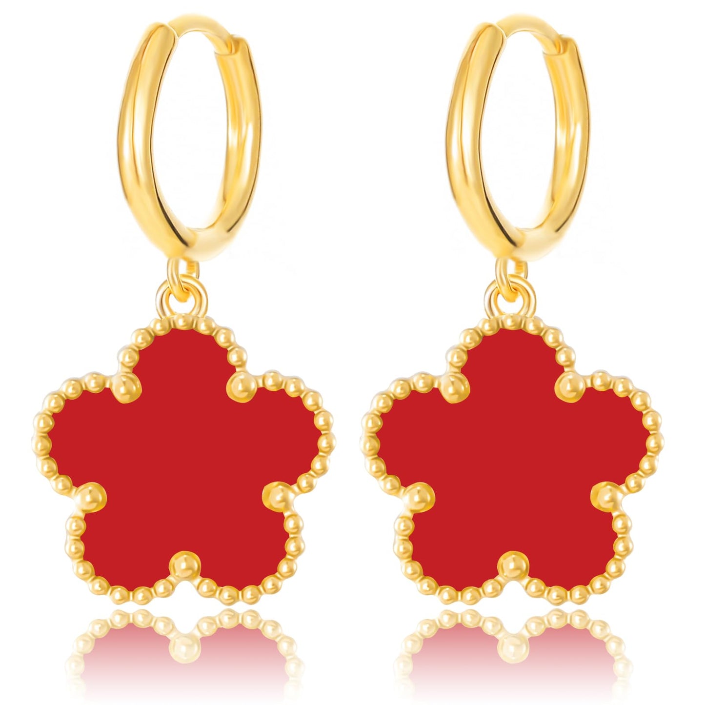 Gold Plated Five Leaf Clover Dangle Earrings for Women Lucky Flower Jewelry (Red-14K Gold Plated)