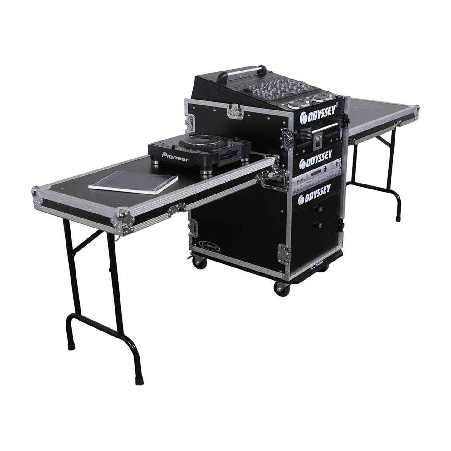 Deluxe 13U Top Slanted 16U Bottom Vertical Pro Combo Rack with Two Side Tables and Casters