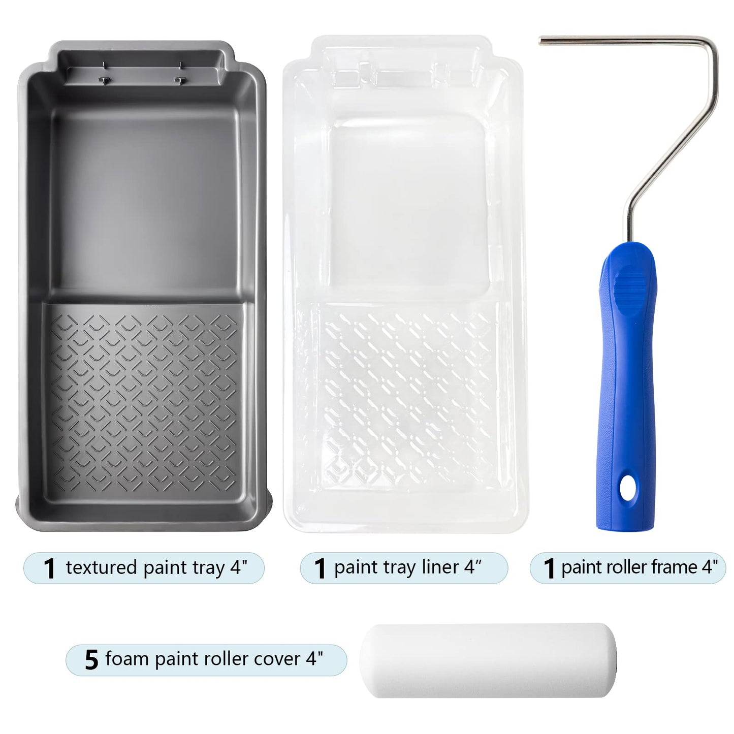 Mister Rui Foam Paint Roller, 8 Pack 4 Inch Paint Roller Kit, Complete 4" Mini Paint Roller Kit with Small Foam Paint Roller Covers, Frame, Tray and Liner for Professional Painting Results