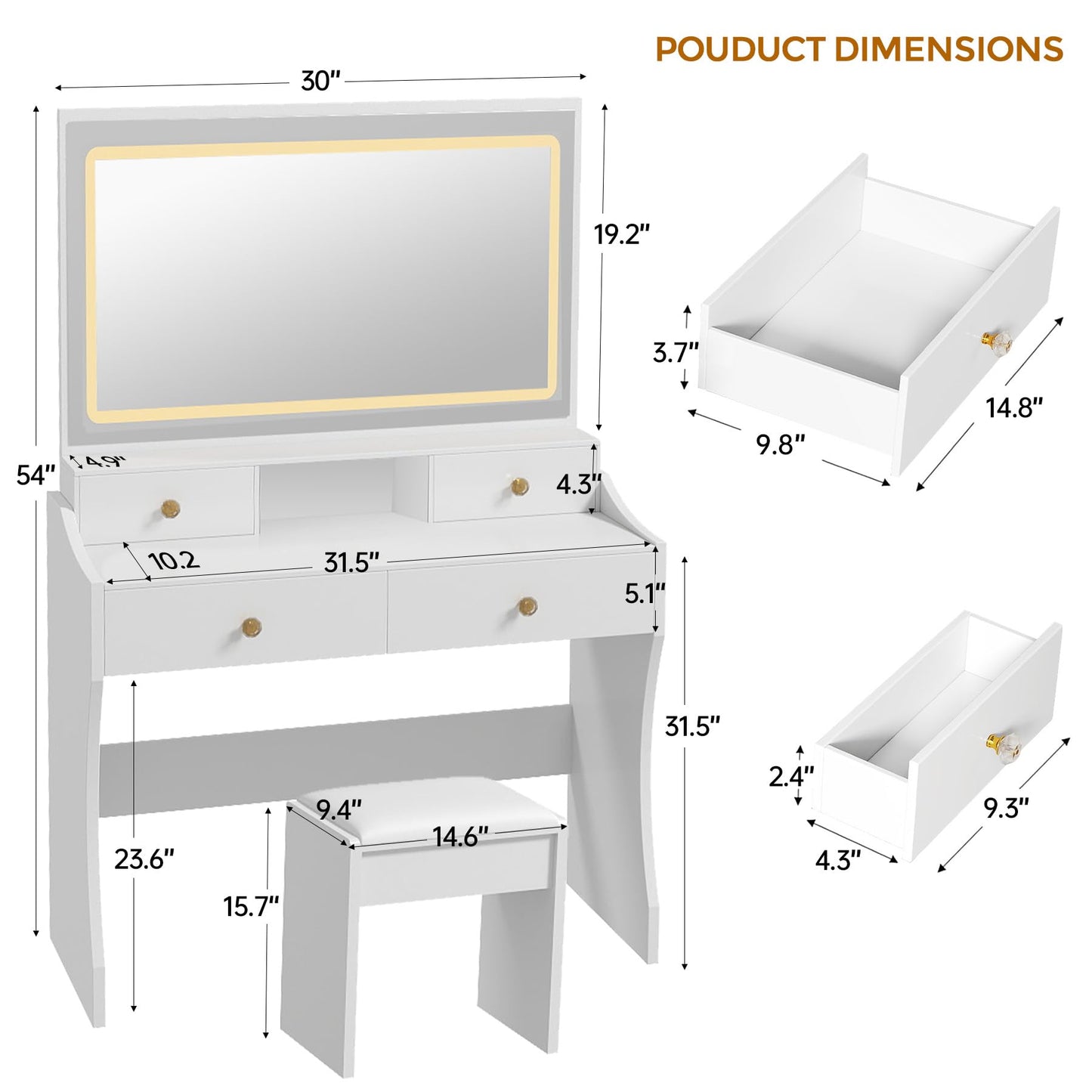 COMHOMA Makeup Vanity Desk with Mirror and Lights, Vanity Table and Chair Set with 5 Drawers and Charging Station, Bedroom Dresser LED Mirror Stepless Dimmable & 3 Color Modes Adjustable, White