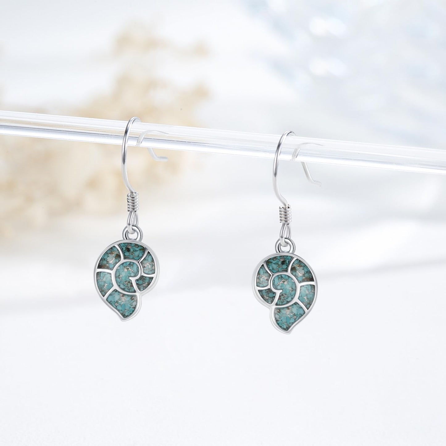 Conch Earrings for Women 925 Sterling Silver Sea Shell Dangle Drop Earrings Turquoise Ocean Earrings Beach Themed Jewelry Ocean Gifts for Friends