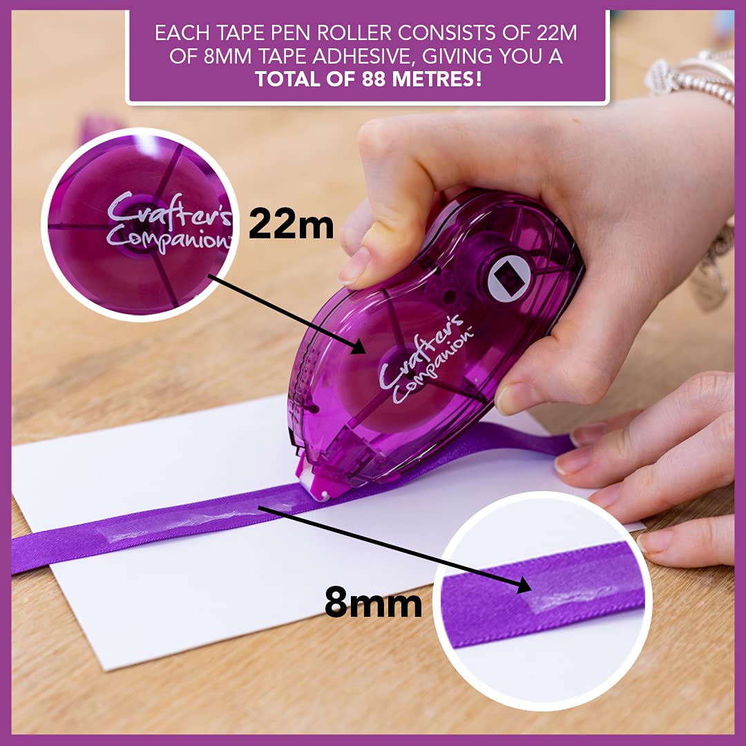 Crafters Companion Adhesive Glue Tape Roller - Long Lasting 22m Length - Permanent - 4pc Bundle Pack - Great for Crafting, Card Making & Scrapbooking