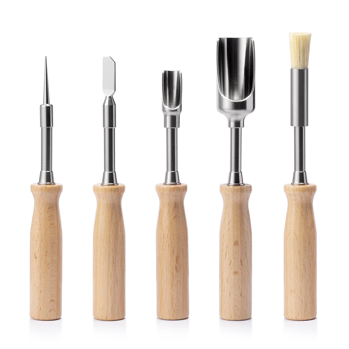 5Pcs tool kit including metal poker,scraper,mini scoop,large scoop,brush,crafted from SS304 with detachable wooden handles storage bag for versatile use sugar salt powder spices and cleaning