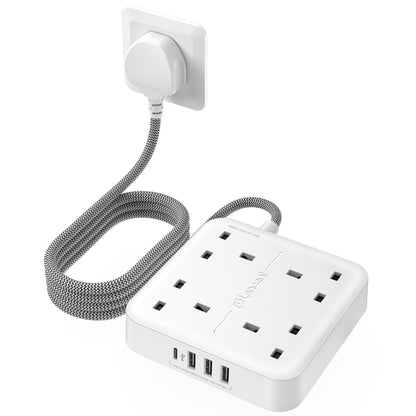 LENCENT Extension Lead with 4 Way Outlets, 3250W 13A Power Strip, 1.8M Braided Extension Cord, 1 USB-C and 3 USB Slots, Multi Power Plug Extension for Home and Office, White