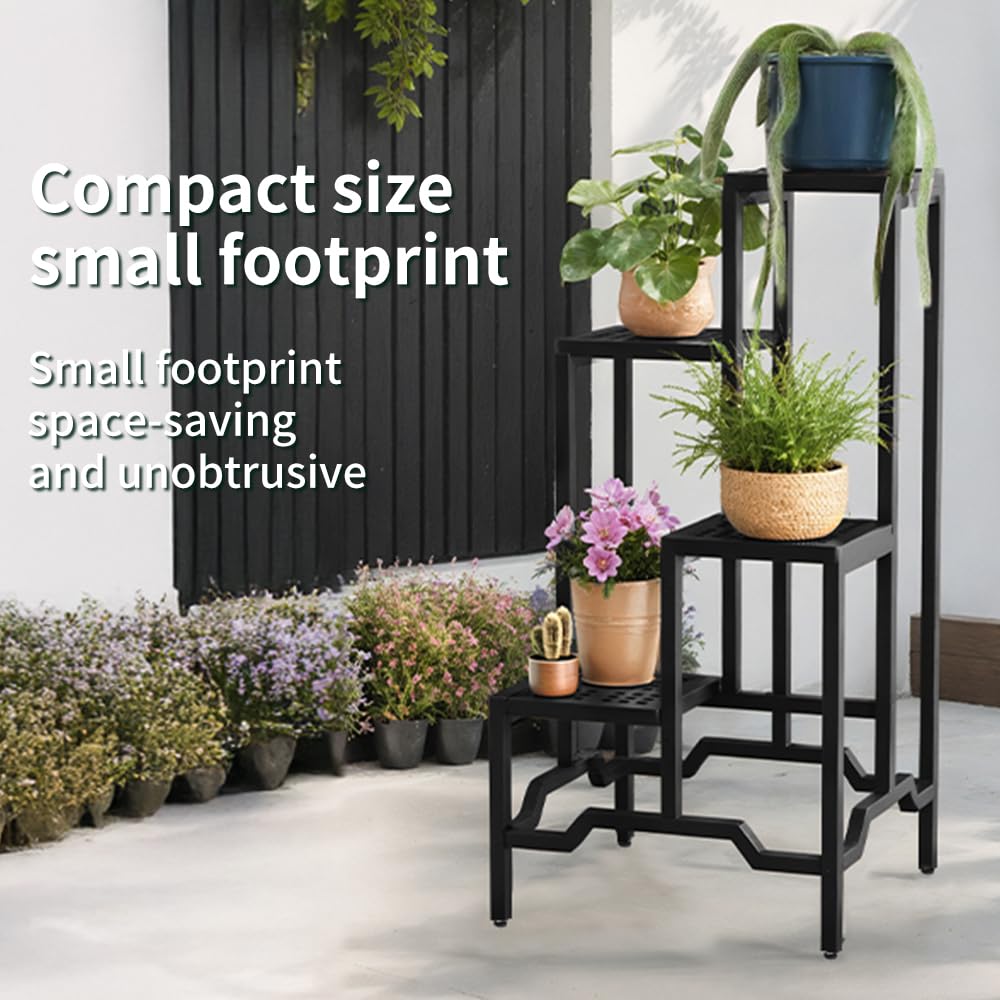 DHYGOTFUR Plant Stand - Aluminum Indoor/Outdoor Flower Rack, Waterproof & Rust-Proof, Stable Support for Pots, Perfect for Living Room, Balcony, Garden, and Office (Black, 4 Tier)