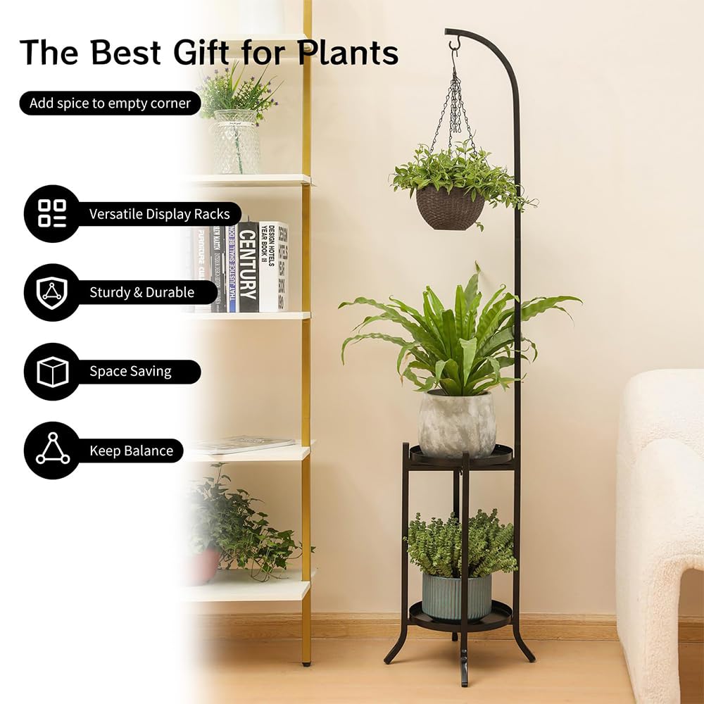 2 Tier Plant Stand Metal Plant Shelf Indoor Outdoor, Tall Corner Hanging Plant Shelf Metal Flower Stands Ladder, Heavy Duty Tall Flower Shelf Large Planter Holder for Living Room Garden Balcony Patio, Hanging Plant Holder, Standing Shelf