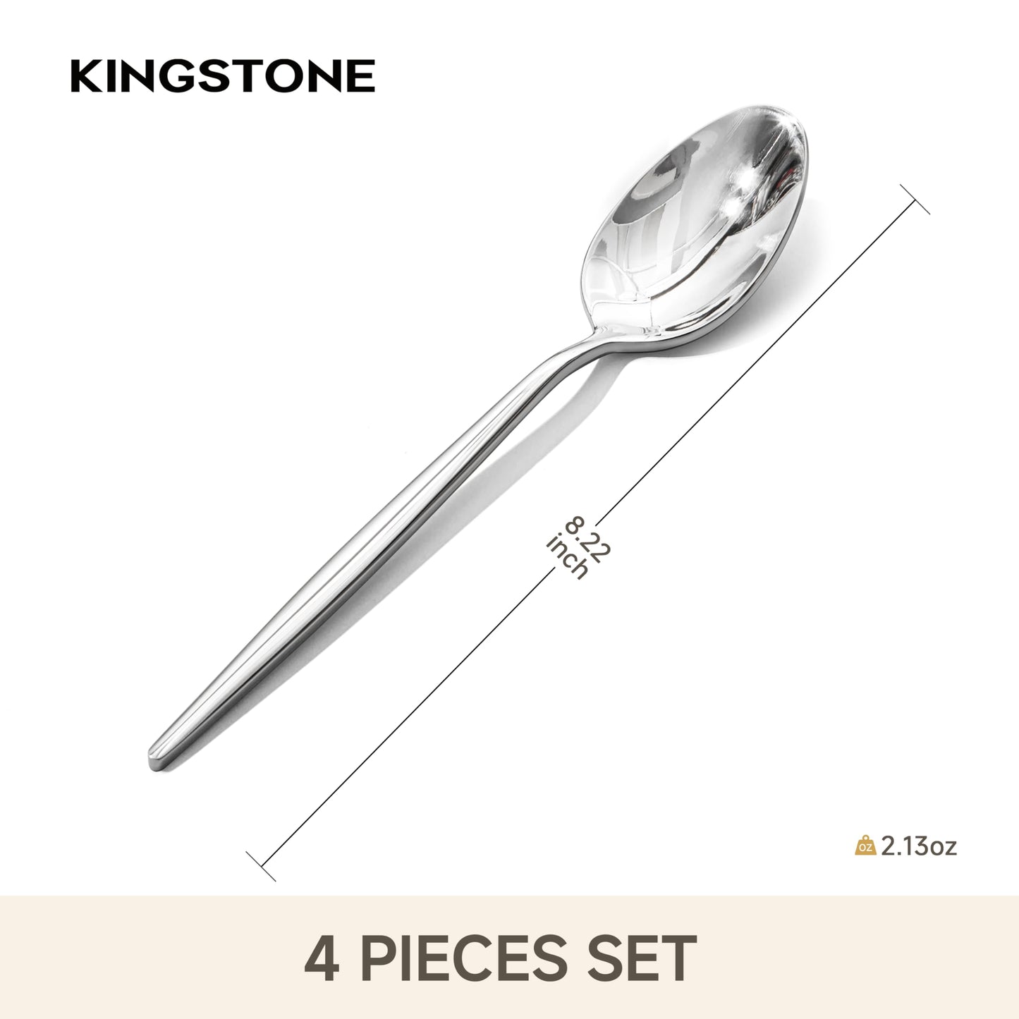 KINGSTONE 4-Piece Dinner Spoon Set, 8.2" Tablespoons Silverware, Premium 18/10 Stainless Steel, Food Grade Serving Spoons for Home and Kitchen, Restaurant Wedding, Mirror Finish & Dishwasher Safe
