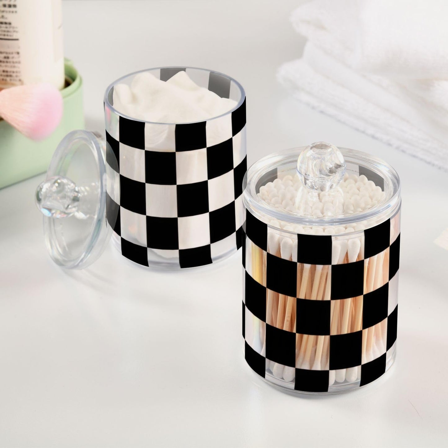 Gravopti Checkerboard 14oz Storage Jars with Lids, Clear Plastic Airtight Kitchen Food Canisters for Candy, Salt, Coffee Beans, 2 Pack