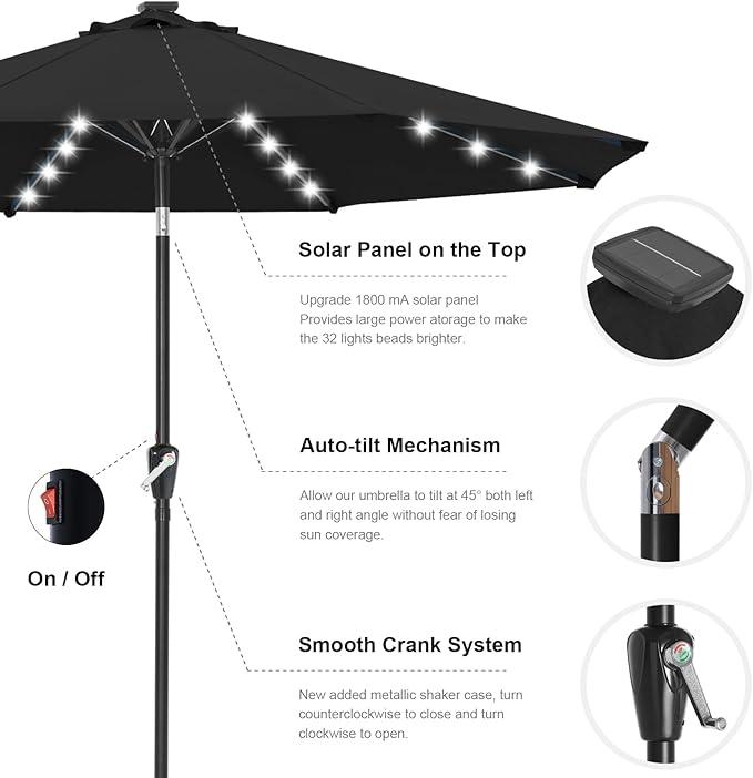 ABCCANOPY 10FT Durable Solar Led Patio Umbrellas with 32LED Lights (Jet Black)