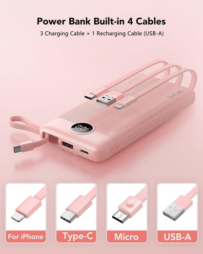 VRURC Portable Charger with Built in Cables, Slim Power Bank 10000mAh, USB C Battery Pack Travel Essential, 5 Outputs 2 Inputs Phone Charging Bank for iPhone 16 15 14 13,Samsung,Android-Black(1 Pack)