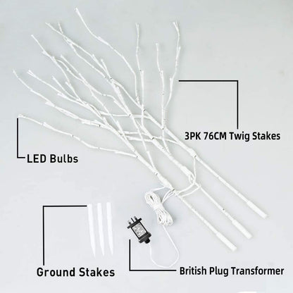 EAMBRITE Home Decorative Twig Lights Lighted White Birch Twig Branches Pathway Stakes with 60 LED White Lights Waterproof Plug in for Outdoor and Indoor Decor (3PK, 76cm)
