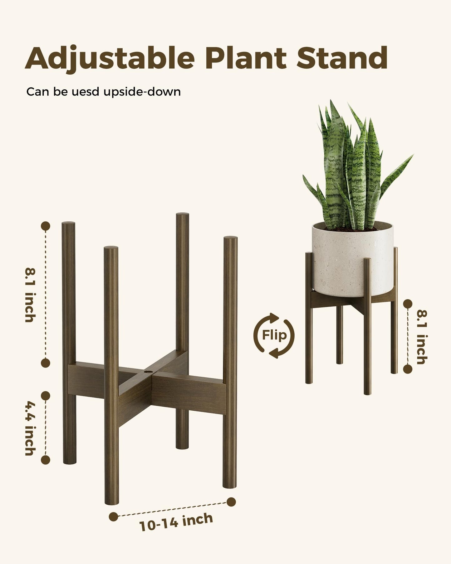 leaf&lull Adjustable Plant Stand Indoor Mid Century Modern Plant Stands Bamboo Plant Holder Corner Plant Stand for Indoor Plants Single Plant Stand Flower Stand for Home Living Room Bedroom Balcony Tea Brown 14.5 in