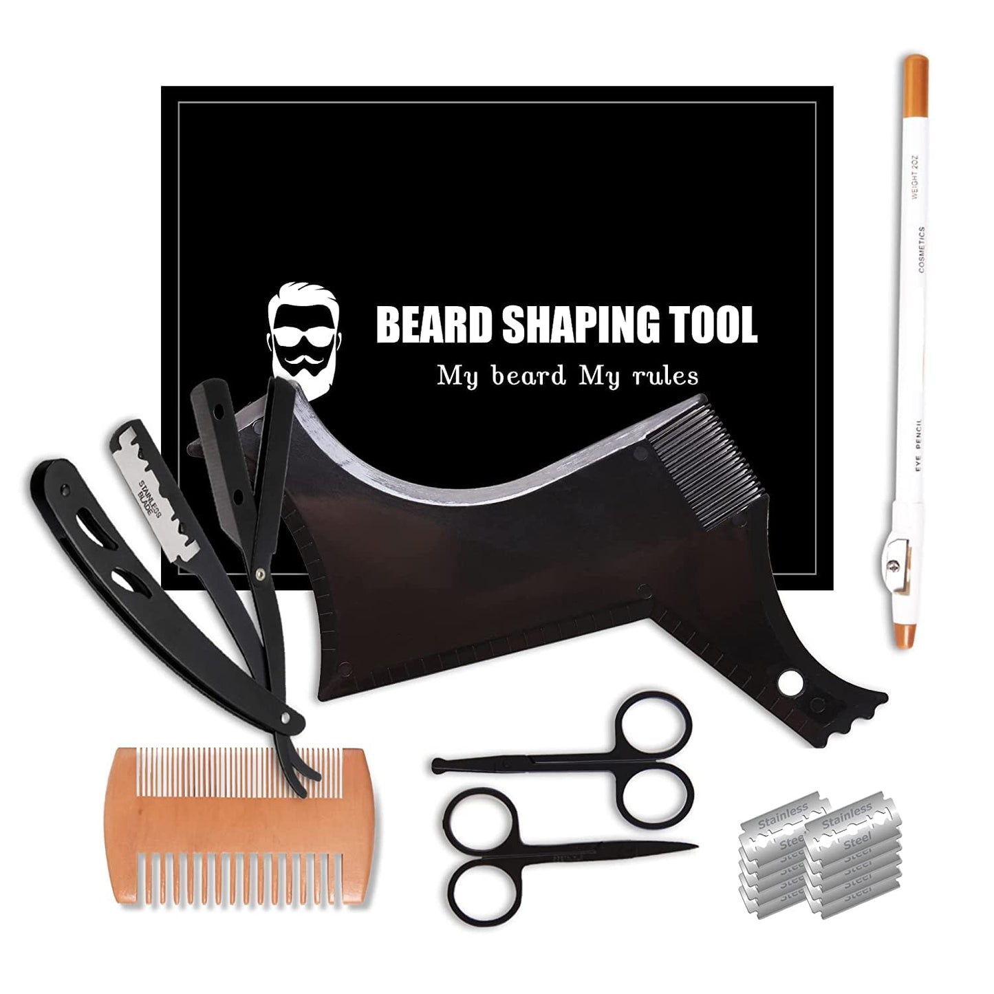 Beard Shaper, Beard Shaping Tools, Include Beard Template Guide, Professional Straight Edge Razor, 10 Count of Double Edge Blade, Barber Pencil, Beard Comb, 2 Stainless Steel Scissors, CUKBLESS