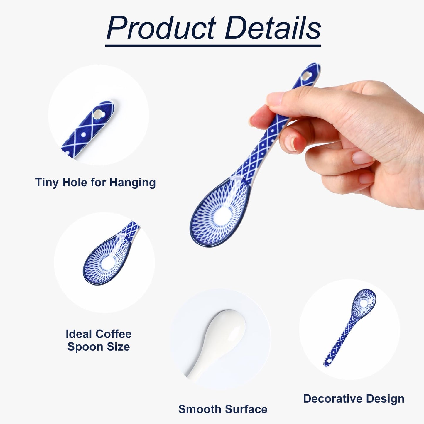 Selamica Ceramic Coffee Spoons, Teaspoons 5.2 Inch Small Spoons Set for Espresso, Tea, Dessert, Stirring, Dishwasher & Microwave Safe, Set of 6, Vintage Blue