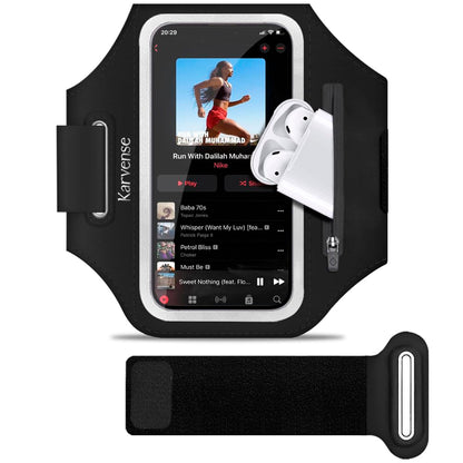Karvense Running Phone Holder, Arm Band for Running for iPhone & Samsung Galaxy, Cell Phone Armband Holder for Walking, Gym, Workout, Men, Women, w/Adjustable Strap & Zipper Pocket (Black-L)