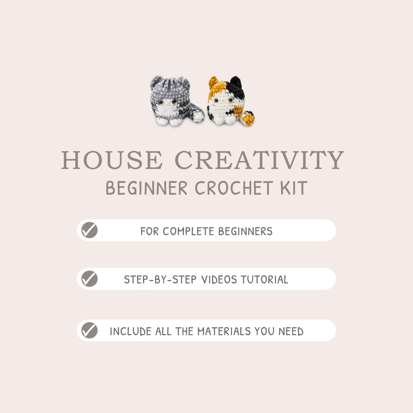 HOUSE CREATIVITY Chenille Crochet Kit for Beginners, Make 2 Ultra-Soft Cat Plushies, Amigurumi Crochet Starter Kit with Video Tutorial, Plush DIY Craft Kit with Chenille Yarn, Hook, Eyes & Stuffing