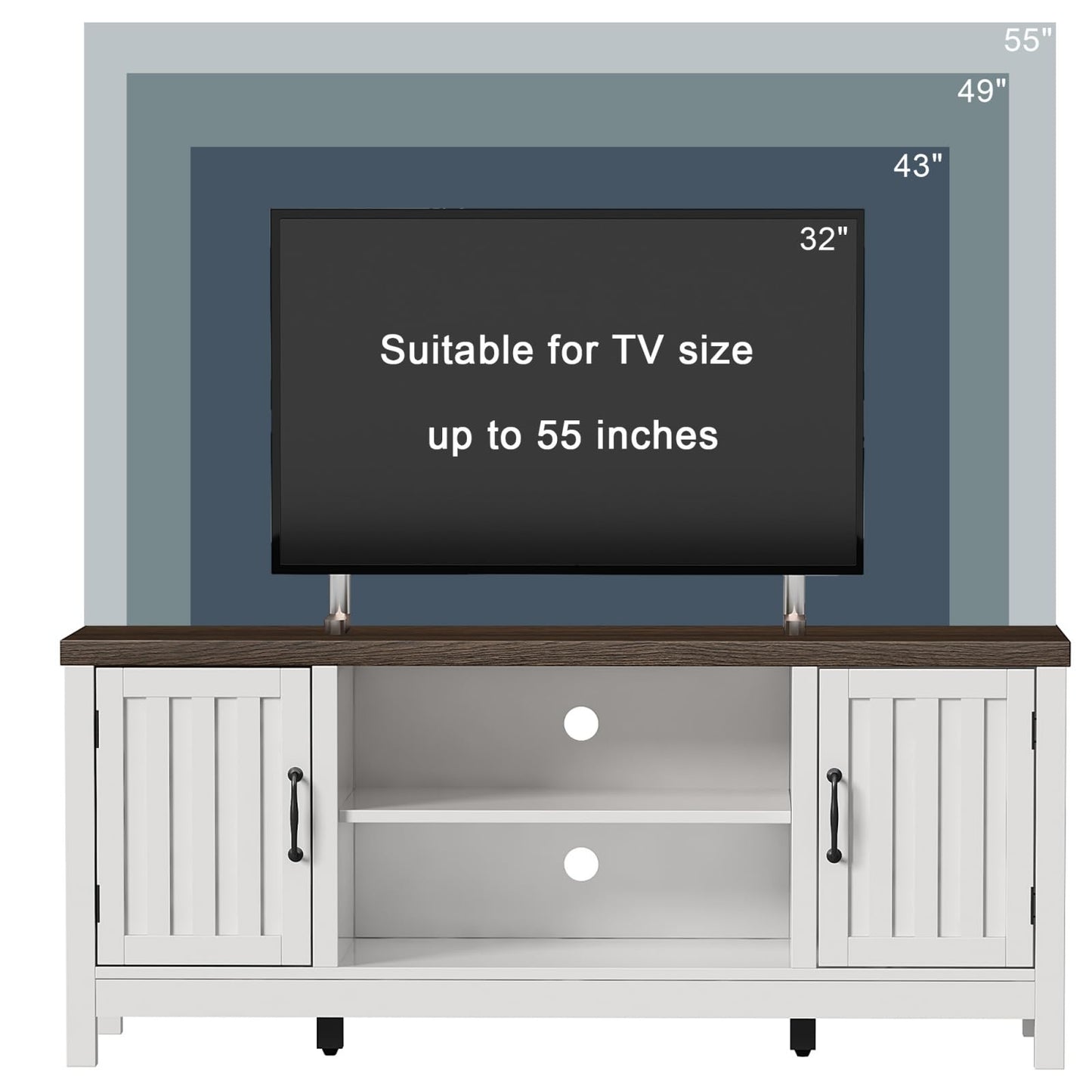 ChooChoo Farmhouse TV Stand, Wood Fluted Door Entertainment Center with Storage Cabinets and Open Shelves, Rustic Media Console up to 55 inches for Living Room, Bedroom, White