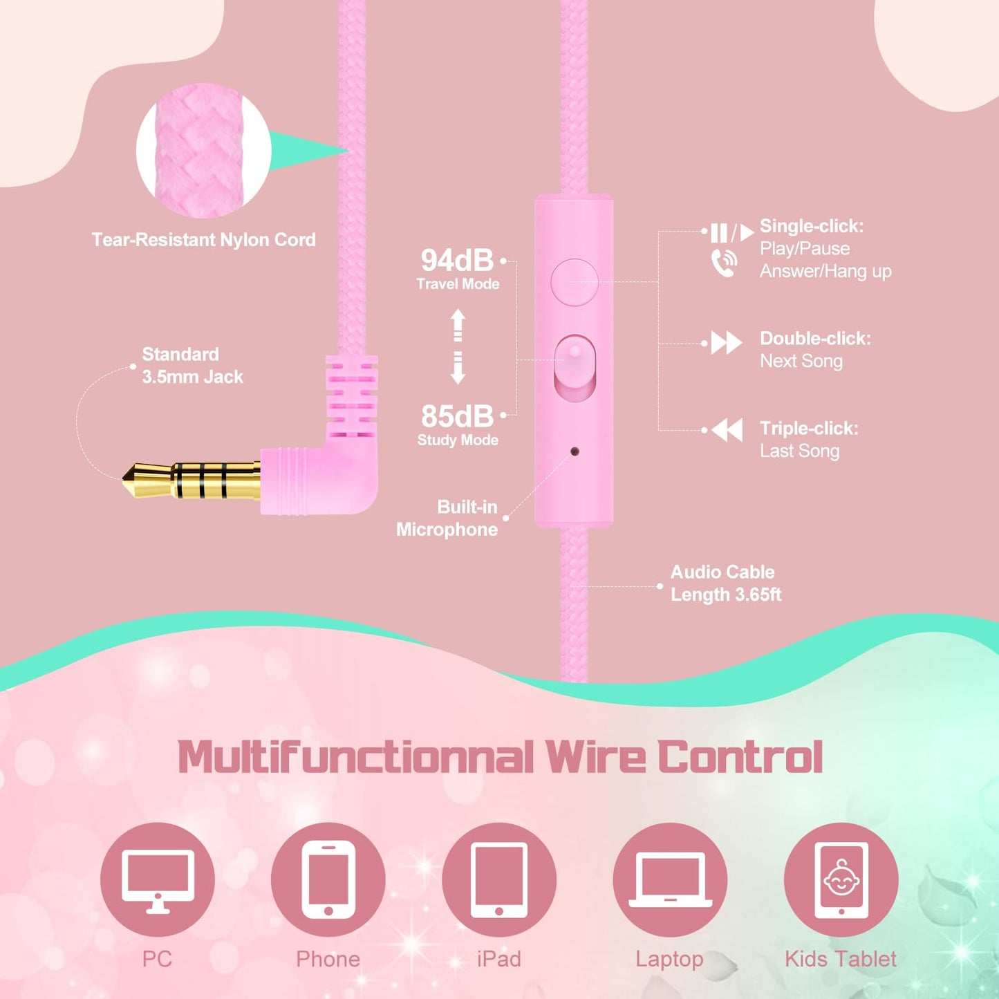 QearFun Kids Headphones Wired with Mic, 85/94dB Safe Volume Limit, Foldable Over Ear, Tangle-Free Cord & Sharing Port, Wired On-Ear Headset for School, Chromebook, Tablet, Travel - Boys & Girls