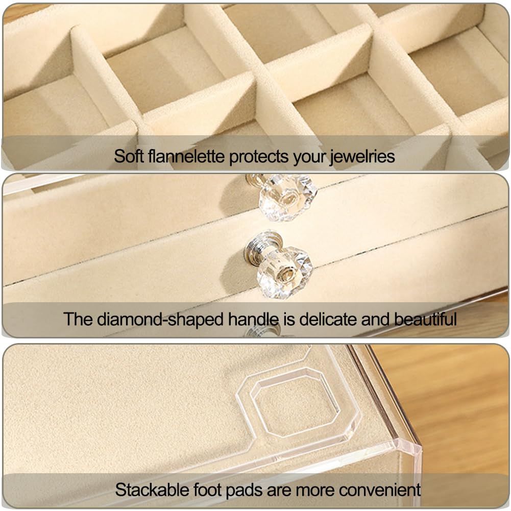 SPAKOWN Earring Box Holder Organizer Display Case, Clear Velvet Jewelry Storage Tray Organizer for Earring Ring Stud (Beige - 3 Drawers)