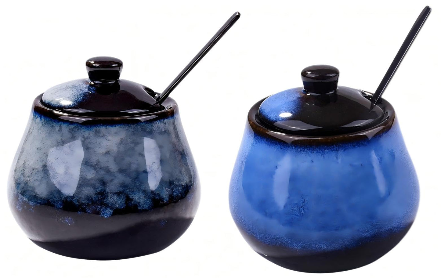 BOSILI Ceramic Sugar Bowl Set of 2, Reactive Glaze Sugar Containers with Lids and Stainless Steel Spoons, Kitchen Canisters for Sugar, Spices, Coffee and Tea