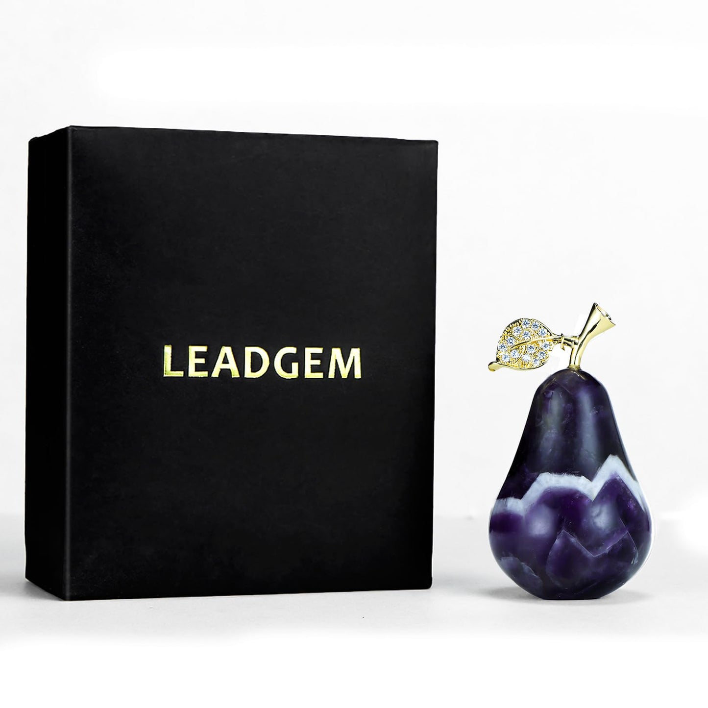 LEADGEM Amethyst Crystal Pear Statue Home Ornament Decor Quartz Fruit Pears Sculpture Collectible Figurines Paperweight for Home Kitchen Tabletop Centerpiece