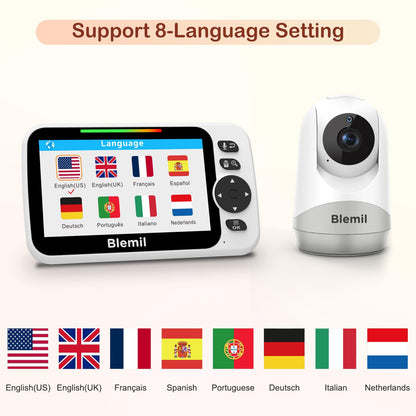 Blemil 5" Split-Screen Baby Monitor with 30-Hour Battery, Large Video Baby Monitor with Camera and Night Vision, Remote Pan/Tilt/Zoom Camera, Two-Way Talk, Lullabies, No WiFi,Up to 1000ft
