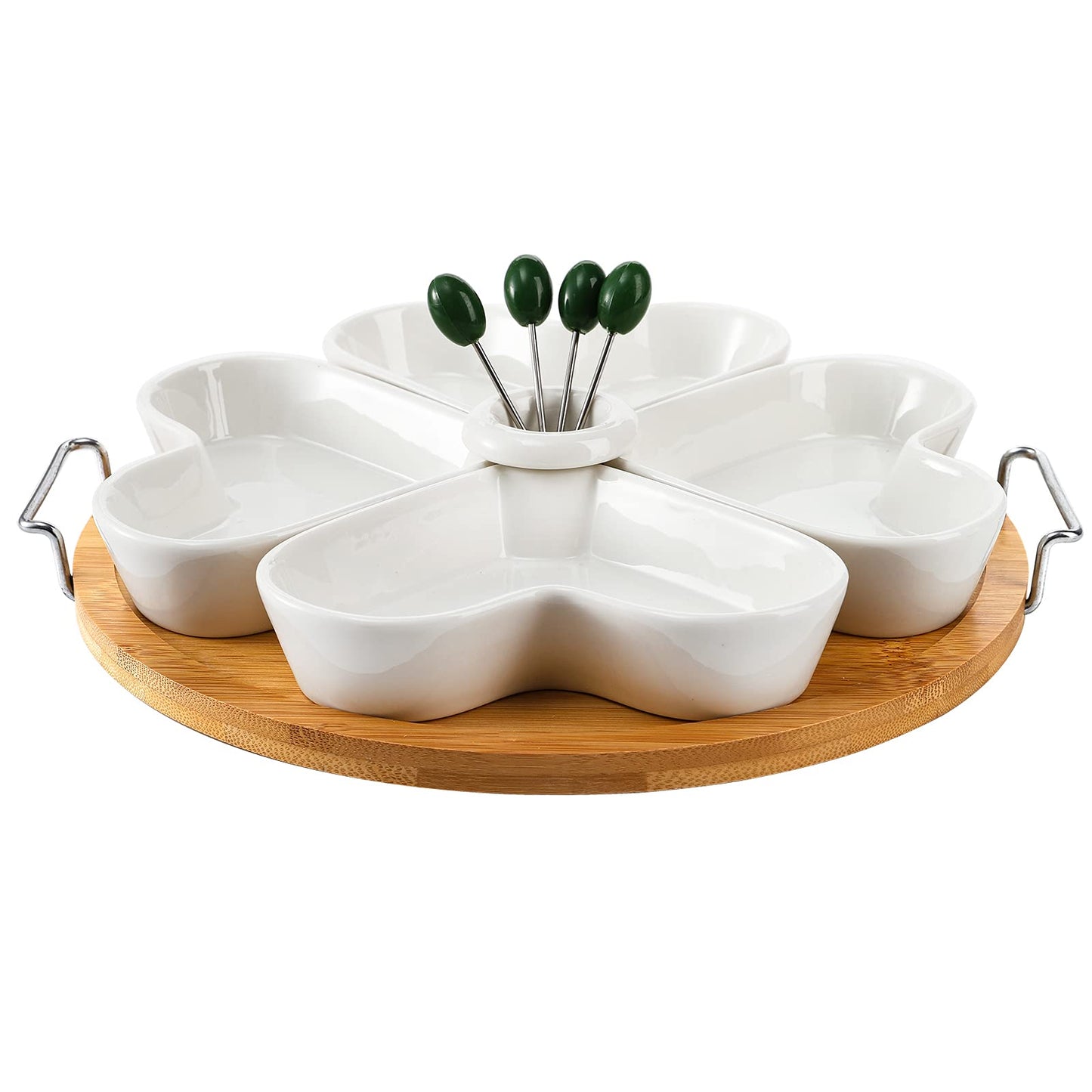 ZEAYEA 11 Inch Appetizer Serving Tray with Holder, Ceramic Divided Serving Platter with Food Picks for Christmas, Relish Tray for Chips and Dip, Veggies, Candy and Snacks, Parties, White