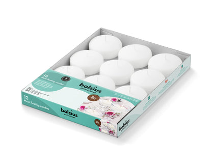 BOLSIUS White Floating Candles 3 Inch - Set Of 12 Maxi Candles - 8 Hour Clean Burning - Palm Oil Free - 0% Animal Fat - Premium European Quality