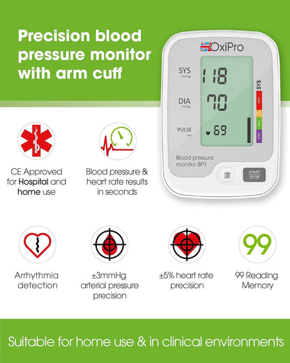 OxiPro BP1 Blood Pressure Monitors - CE Certified - MHRA Registered - UK Approved Blood Pressure Machine - BP Monitor for Home - Small to Large Cuff Blood Pressure Monitor - Certified Medical Device