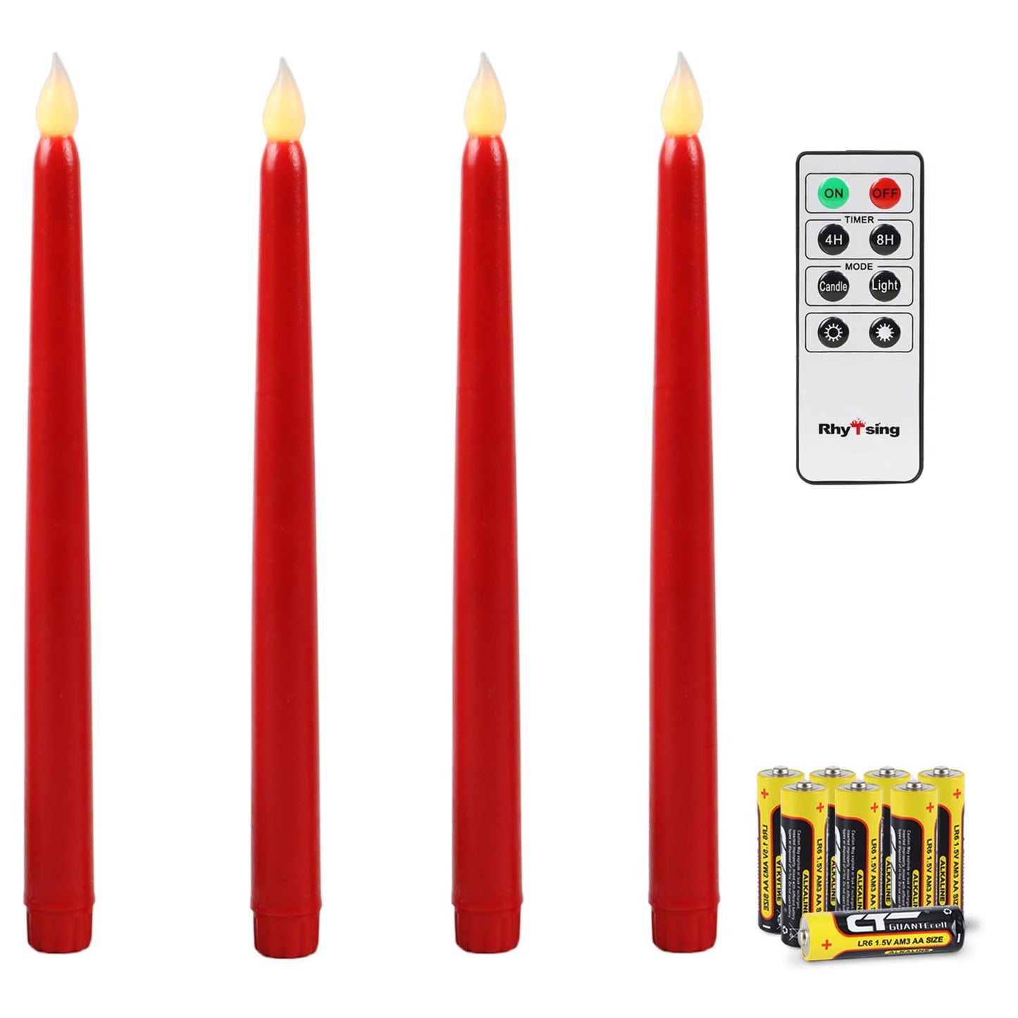 Rhytsing Red 10.8" Flameless Taper Candles with Timer, Battery Operated Candles with Remote, Smooth Wax Finish, Warm White LED, 8 Batteries Included - Set of 4