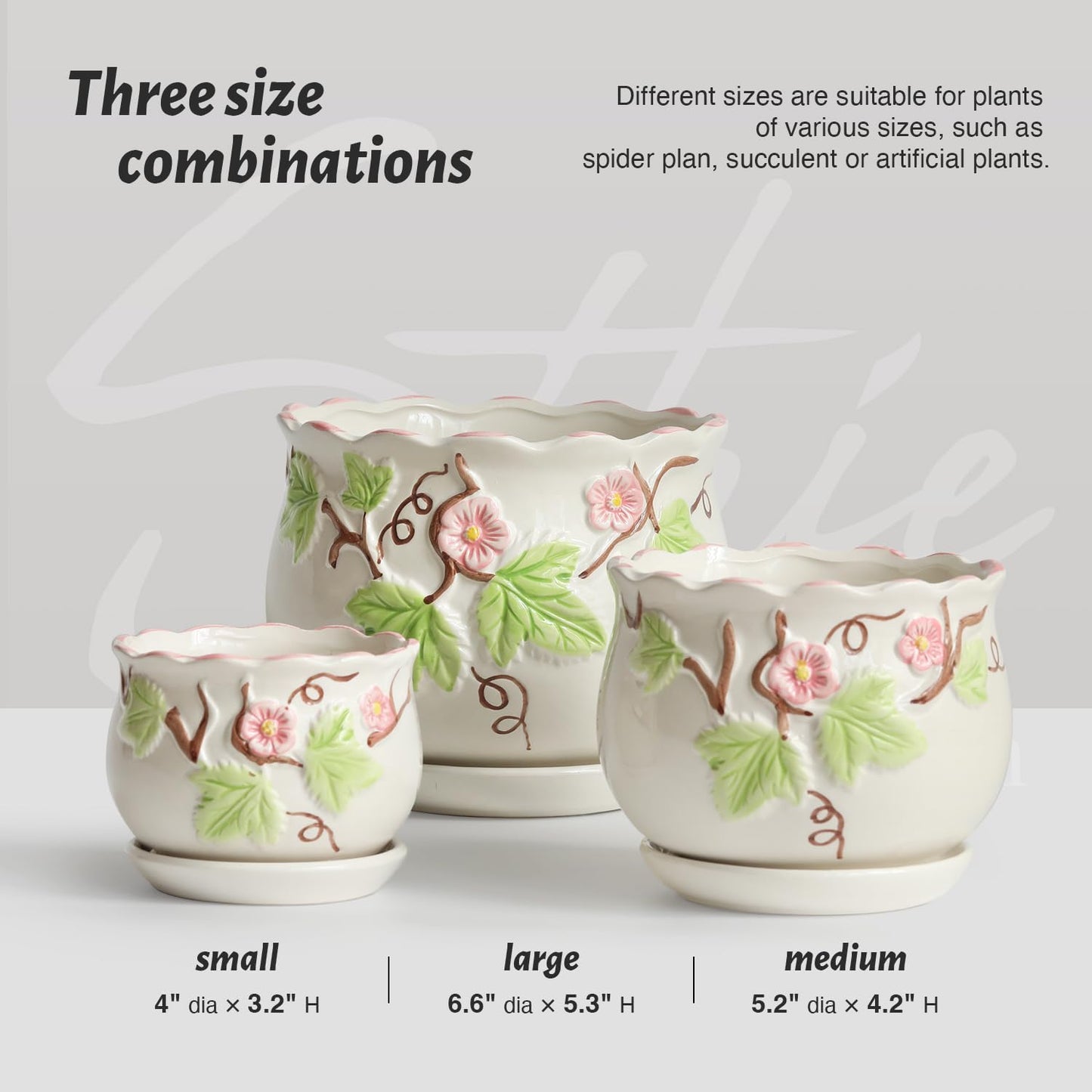 STHIE Ceramic Plant Pots with Drainage Holes and Saucers, Round Flower Pots for Indoor Plant, 4/5.2/6.6 Inches Vintage Flower Planters Set of 3