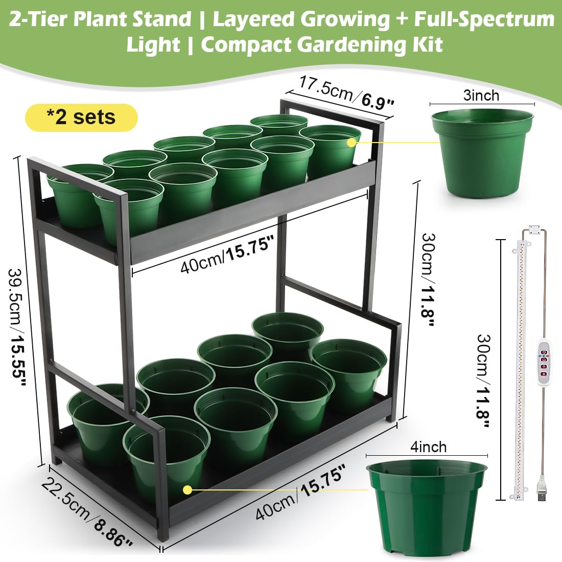 RooTrimmer 2-Pack Dual Tier Plant Stand with Grow Light and Green Plastic Nursery Pots for Plants, Indoor Gardening Kit for Herbs, Succulents, Seedlings & Small Plants Gardening Gifts
