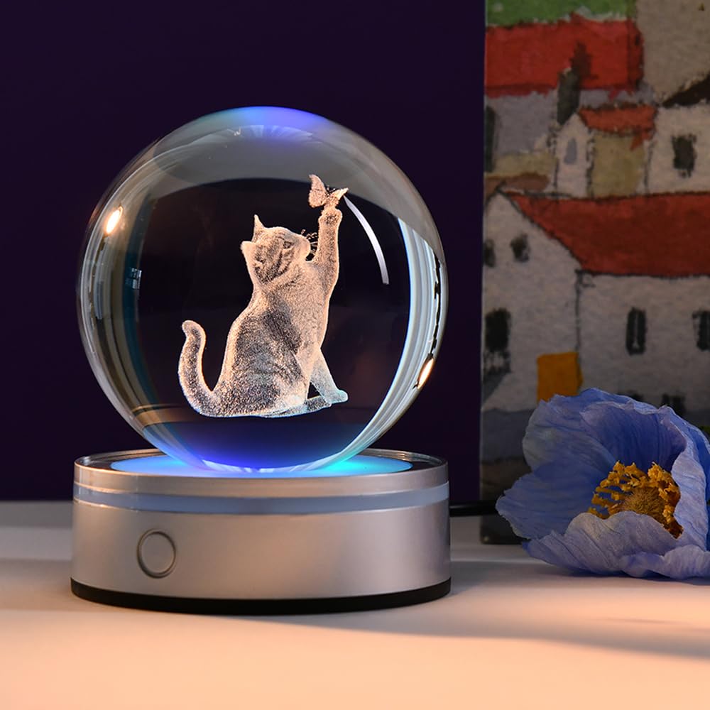 ZRENJHUS 3D Cat Crystal Ball Gifts for Women 80mm Cat Lover Gift for Her Glass Sphere Kitten Night Light with 12 Colorful Modes Light Base