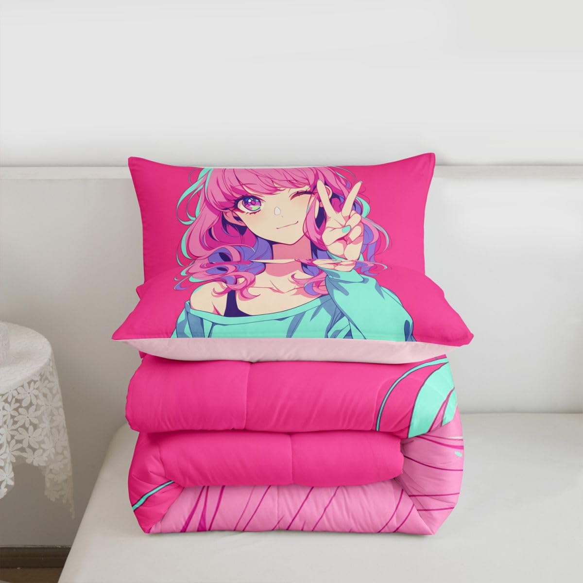 Erosebridal Japanese Anime Bedding 3D Anime Girl Comforter Set 2Pcs, Kawaii Japanese Style Bedding Comforter Sets Cartoon Uniform Girl Duvet Insert for Girls Hot Pink Room Decor, Twin