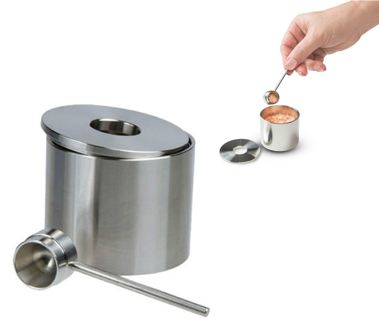 Grind Gourmet Salt Cellar, Spice Jars Stainless Steel, Storage Spice Jars With Spoon Solid Stainless Steel Holder (1.58", Silver)