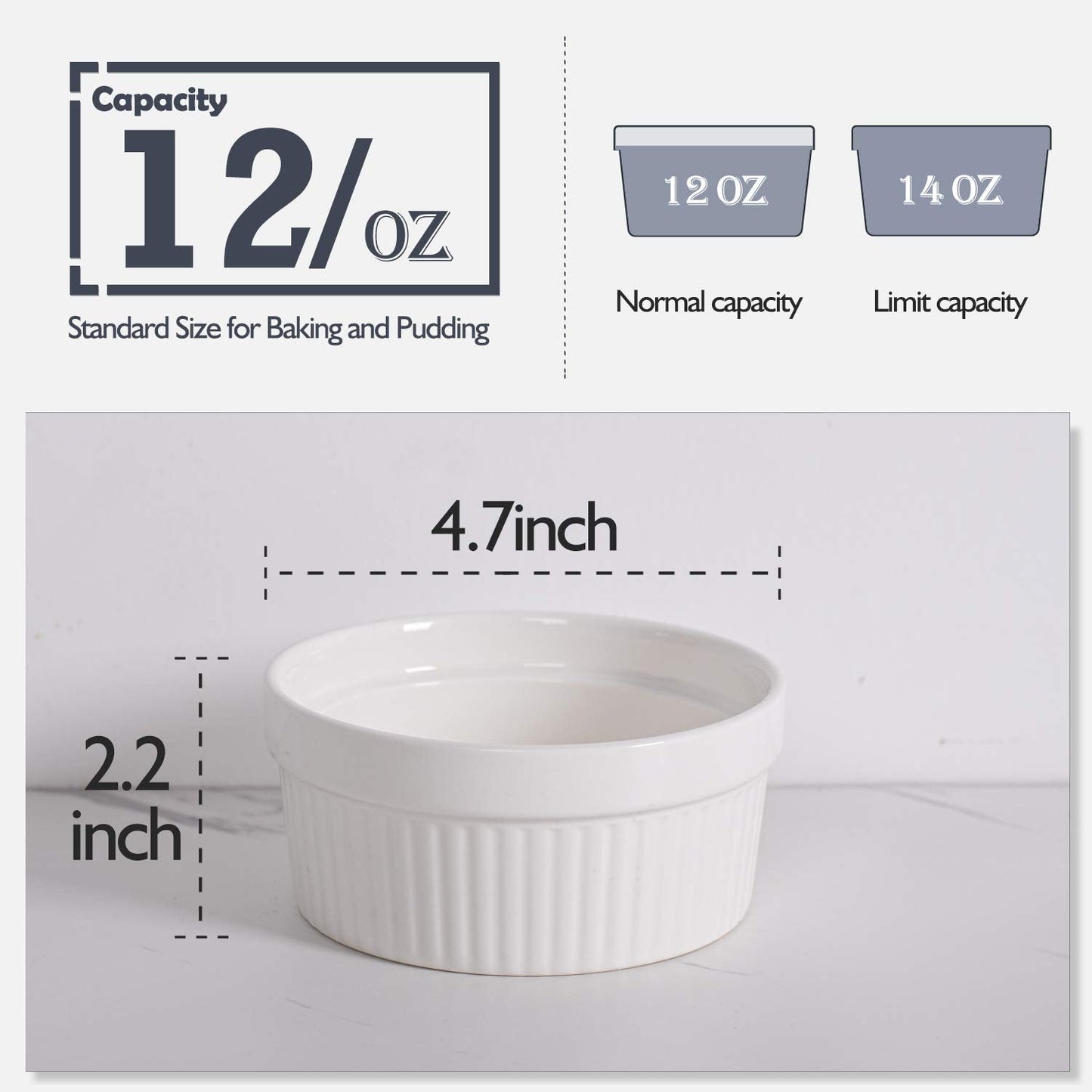 DELLING Ramekins 12 Oz Oven Safe Set of 6, Porcelain Souffle Dish for Baking - Creme Brulee Bowls for French Onion Soup Lava Cake Pudding, Stackable, White