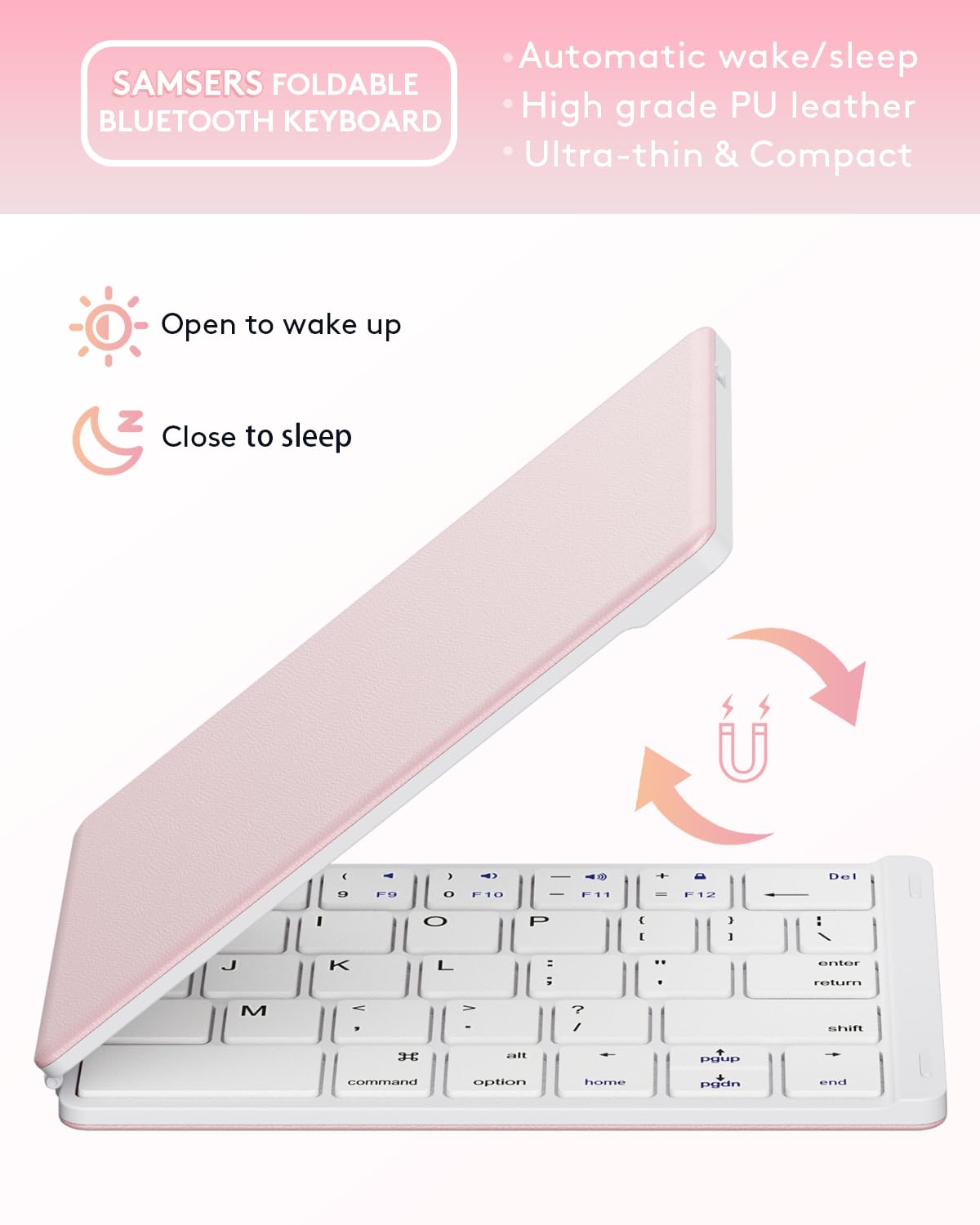 Samsers Foldable Bluetooth Keyboard - Portable Wireless Keyboard with Stand Holder, Rechargeable Full Size Ultra Slim Folding, Compatible iOS Android Windows Smartphone Tablet and Laptop - Black