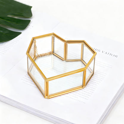 Himitimi Vintage Glass Jewelry Box Heart-Shaped Gold Keepsake Box with Hinged Lid Trinket Ring Earring Jewelry Organizer Valentines Day Gifts for Women and Girls