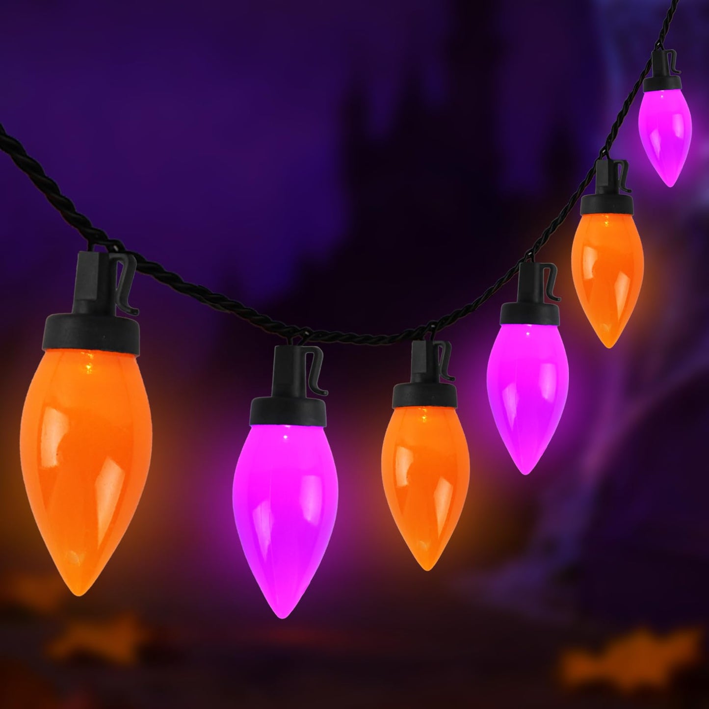C9 Halloween String Lights Outdoor, 26.4Ft C9 Halloween Decorations with 50 LED Orange and Purple Lights, Extendable Hanging Plug in Christmas Night Lights for Party, Patio, Outside Yard, House Decor