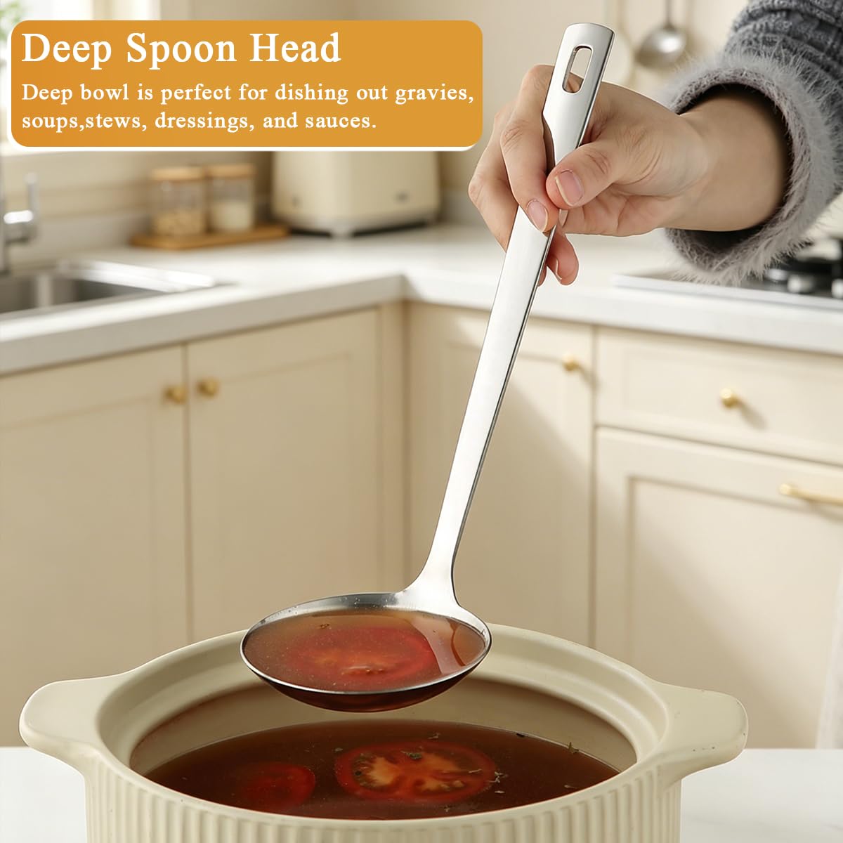 Kyraton 2 Piece Soup Ladle Set, 11.8" Large & 9.6" Small Stainless Steel Ladles, One-Piece Ergonomic Cooking Spoons, Dishwasher Safe Heavy Duty Serving Utensils for Home Kitchen Soup Sauce Noodle