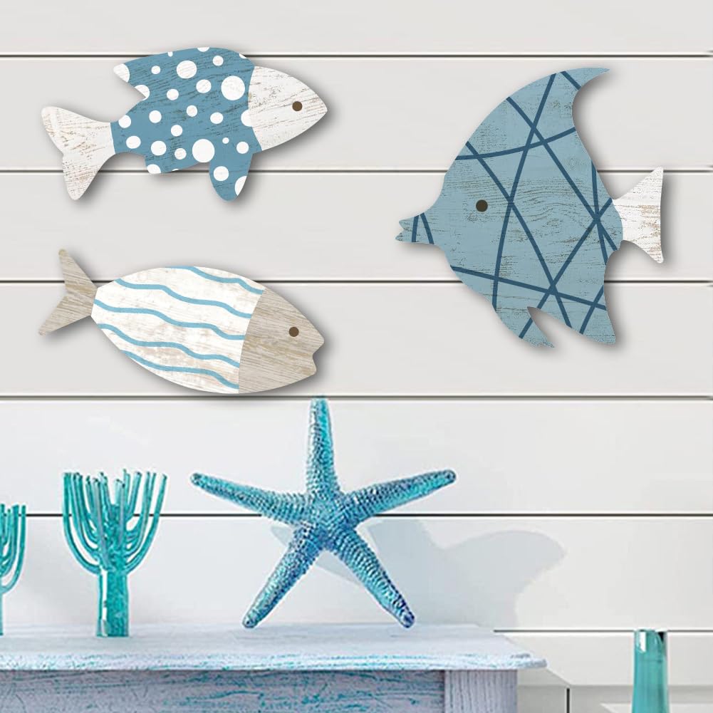 PRESSINART 3 Pcs Wooden Fish Wall Decor Sea Wall Sculptures Fishs Ocean Theme Hanging Art Signs for Lake House Restaurants Shop Bedroom Bathroom Dining Room Kitchen Home Office Garden Decorations