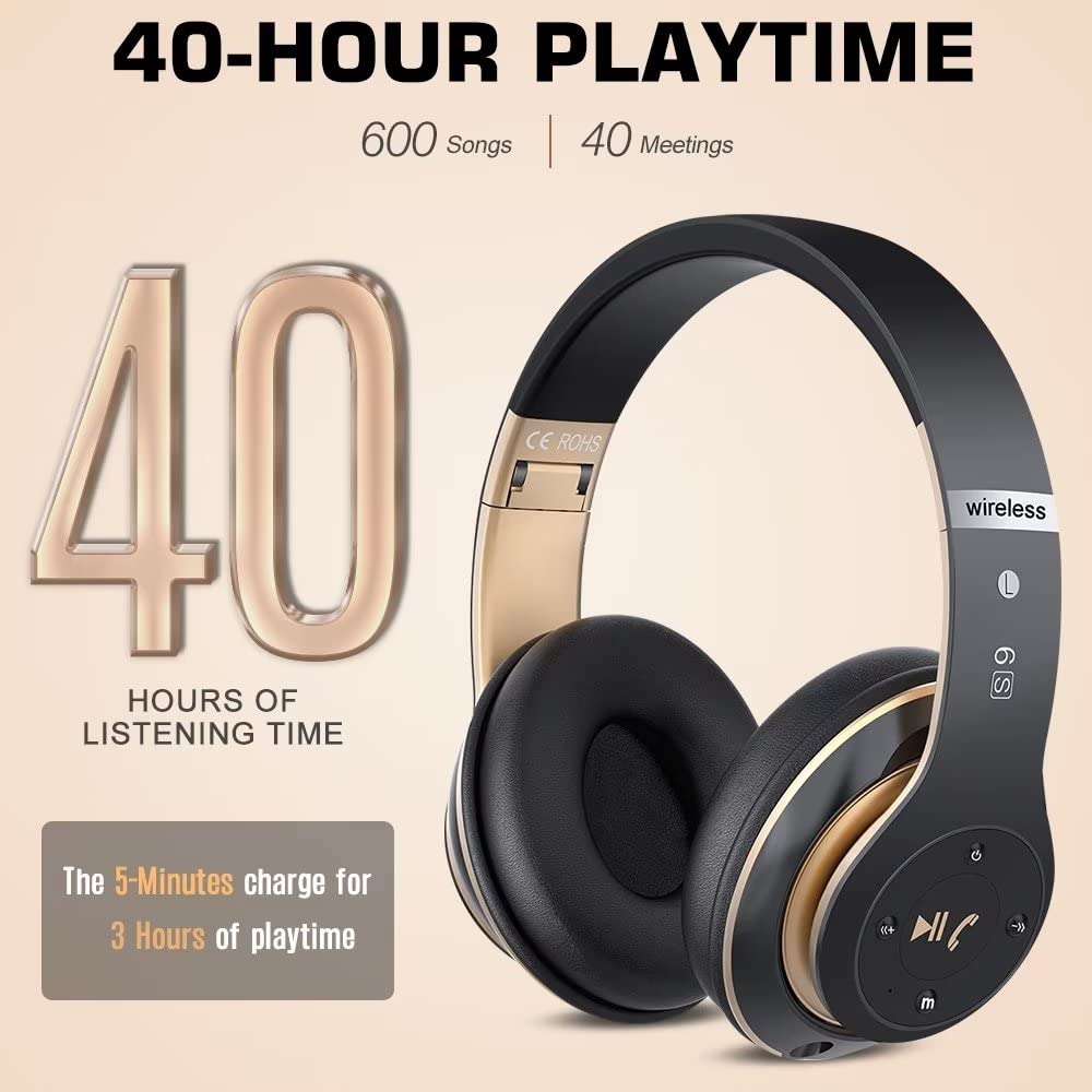 Prtukyt 6S Wireless Bluetooth Headphones Over Ear, Hi-Fi Stereo Foldable Wireless Stereo Headsets Earbuds with Built-in Mic, Volume Control, FM for Phone/PC (Black & Gold)